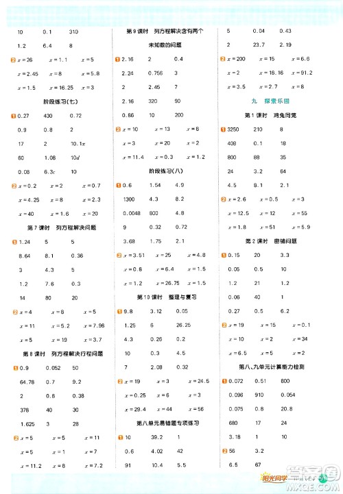 江西教育出版社2024年秋阳光同学计算小达人五年级数学上册冀教版答案