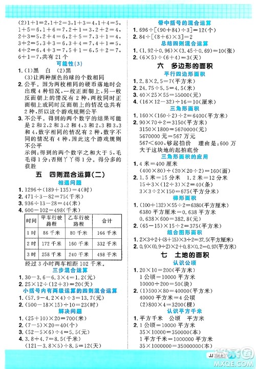 江西教育出版社2024年秋阳光同学计算小达人五年级数学上册冀教版答案