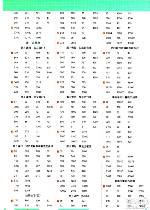 江西教育出版社2024年秋阳光同学计算小达人四年级数学上册北师大版答案