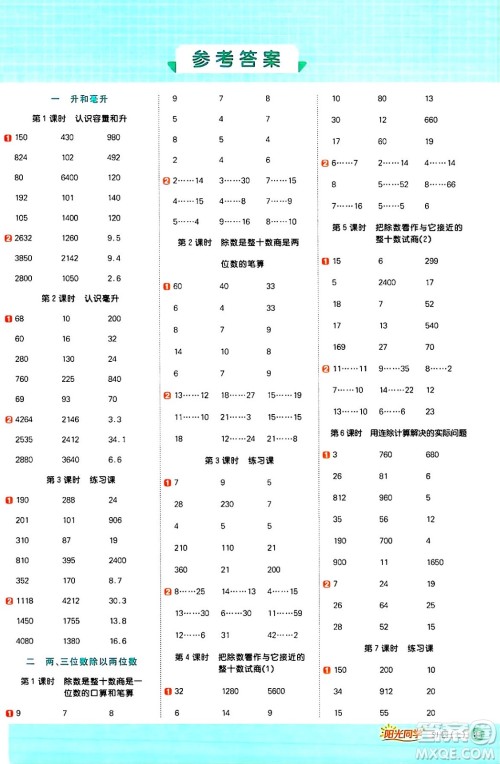 江西教育出版社2024年秋阳光同学计算小达人四年级数学上册苏教版答案