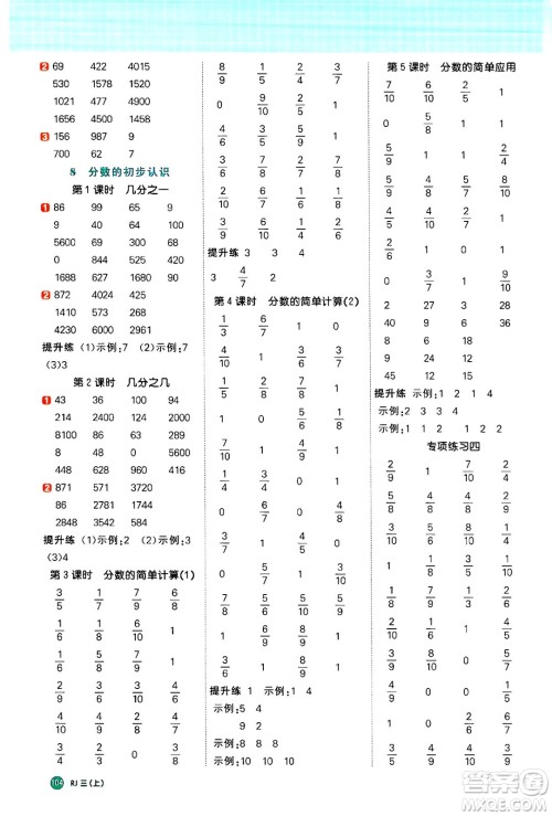 江西教育出版社2024年秋阳光同学计算小达人三年级数学上册人教版答案