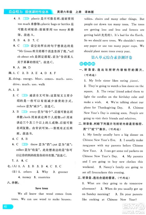 北京教育出版社2024年秋亮点给力提优课时作业本六年级英语上册译林版答案