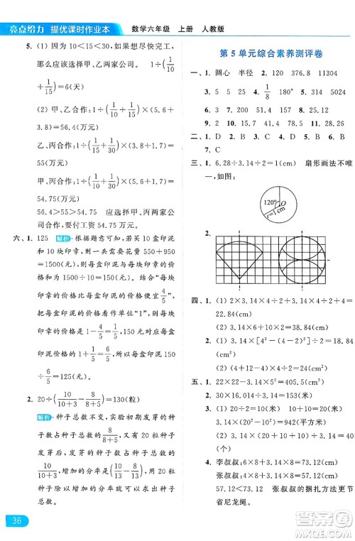 北京教育出版社2024年秋亮点给力提优课时作业本六年级数学上册人教版答案