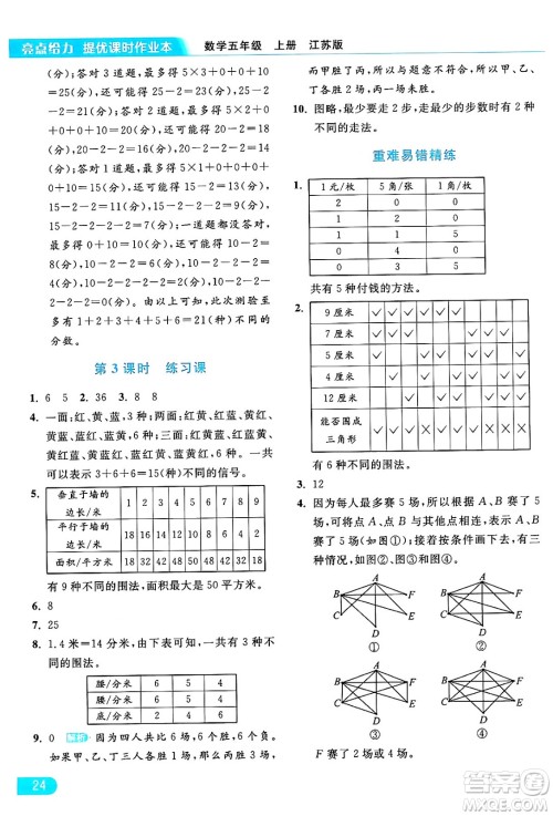 北京教育出版社2024年秋亮点给力提优课时作业本五年级数学上册江苏版答案