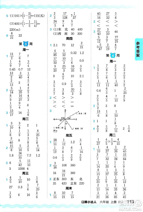 江西人民出版社2024年秋王朝霞口算小达人六年级数学上册人教版答案