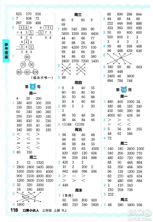 江西人民出版社2024年秋王朝霞口算小达人三年级数学上册人教版答案