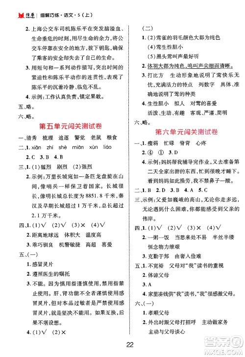 延边大学出版社2024年秋细解巧练五年级语文上册部编版答案 延边大学出版社2024年秋细解巧练五年级语文上册部编版答案