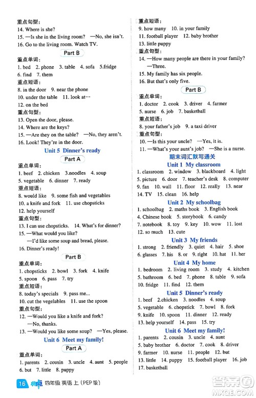 吉林教育出版社2024年秋综合应用创新题典中点四年级英语上册人教PEP版三起点答案