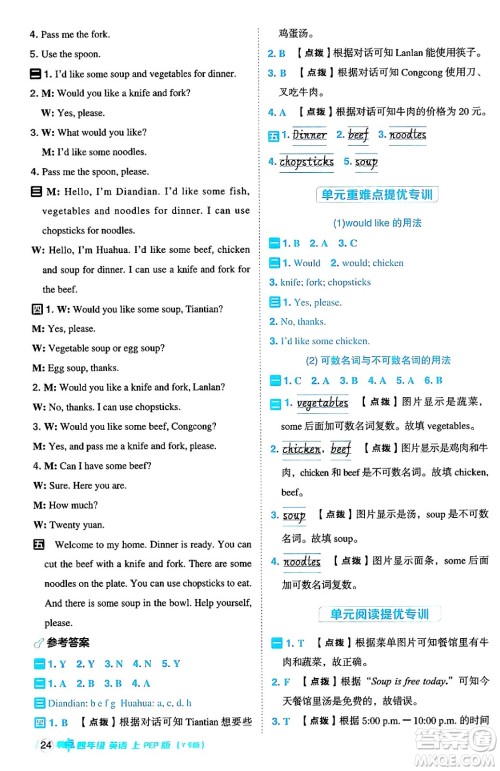 陕西师范大学出版总社有限公司2024年秋综合应用创新题典中点四年级英语上册人教PEP版吉林专版三起点答案