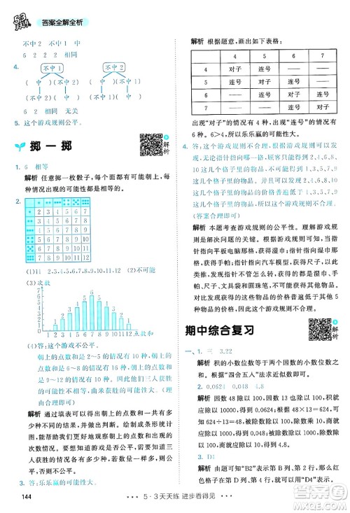 山东画报出版社2024年秋53天天练五年级数学上册人教版答案