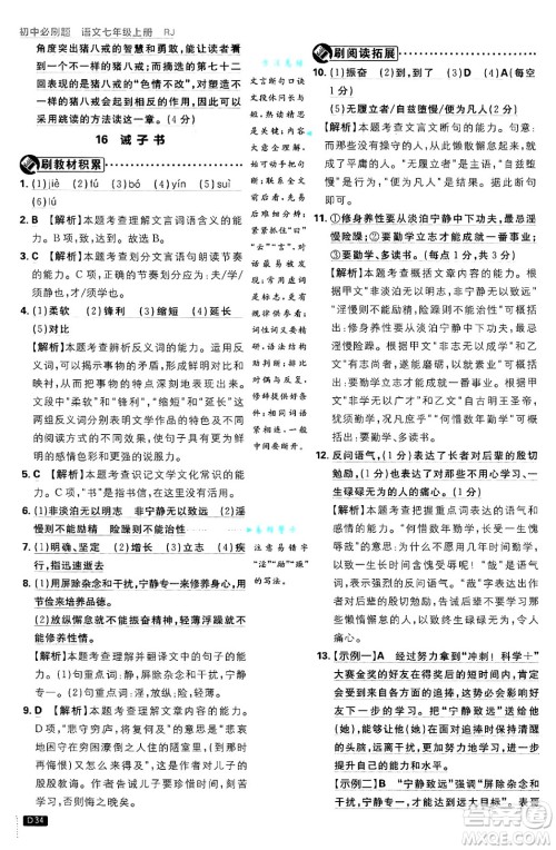 开明出版社2025届初中必刷题拔尖提优训练七年级语文上册人教版答案 开明出版社2025届初中必刷题拔尖提优训练七年级语文上册人教版答案