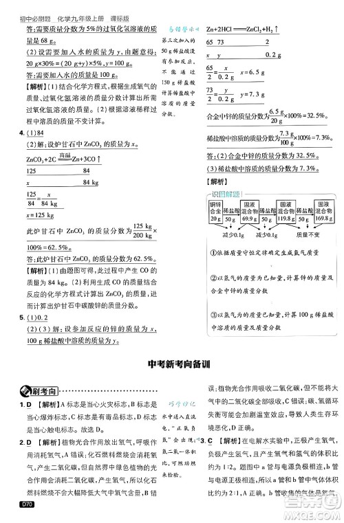 开明出版社2025届初中必刷题拔尖提优训练九年级化学上册课标版鲁教版答案