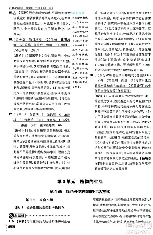 开明出版社2025届初中必刷题拔尖提优训练七年级生物上册北师大版答案