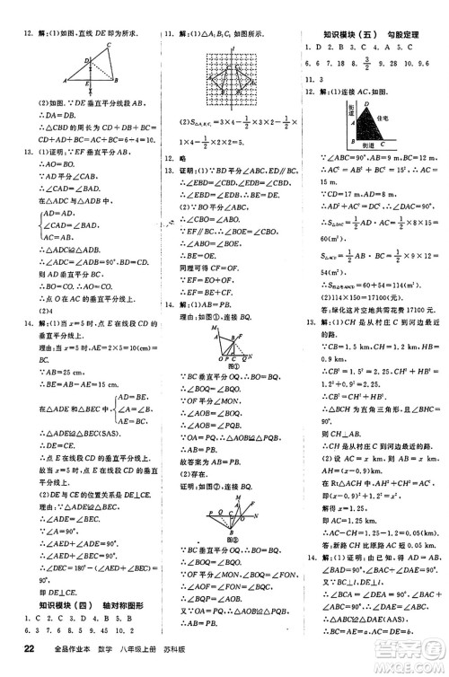 阳光出版社2024秋全品作业本八年级数学上册苏科版江苏专版答案