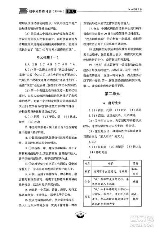 山东教育出版社2024秋初中同步练习册八年级语文上册人教版山东专版五四制答案