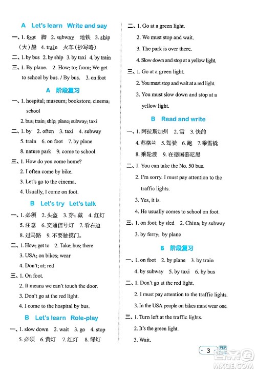 江西教育出版社2024年秋阳光同学默写小达人六年级英语上册人教PEP版答案