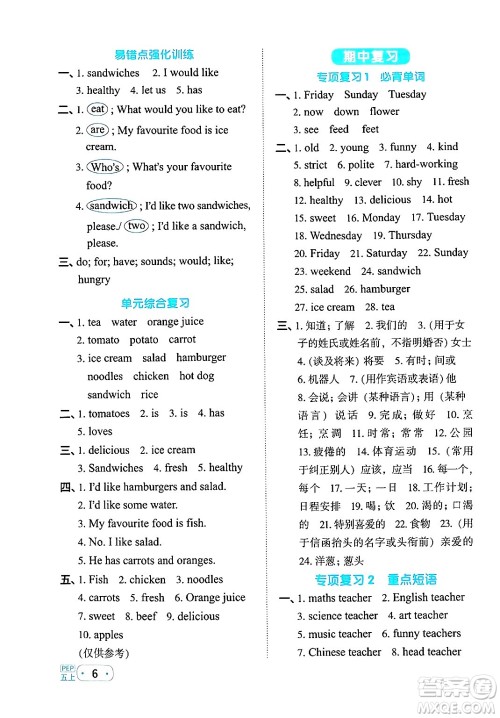 江西教育出版社2024年秋阳光同学默写小达人五年级英语上册人教PEP版答案