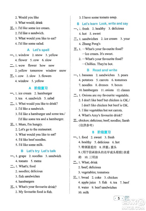 江西教育出版社2024年秋阳光同学默写小达人五年级英语上册人教PEP版答案