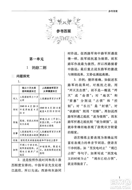 山西教育出版社2024年秋新课程问题解决导学方案八年级语文上册人教版答案