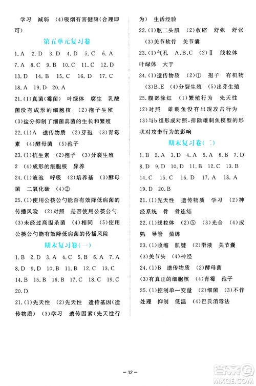 江西人民出版社2024年秋一课一练创新练习八年级生物上册冀少版答案