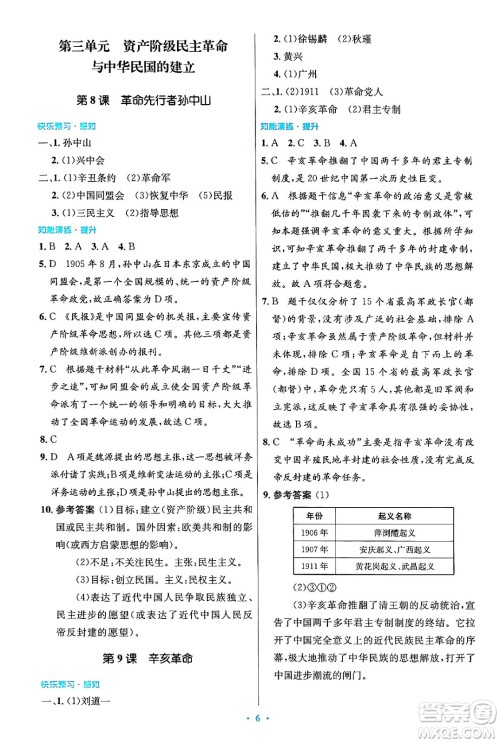 人民教育出版社2024年秋初中同步测控优化设计八年级历史上册人教版答案