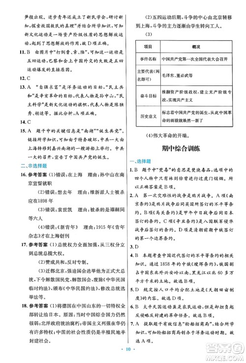 人民教育出版社2024年秋初中同步测控优化设计八年级历史上册人教版答案