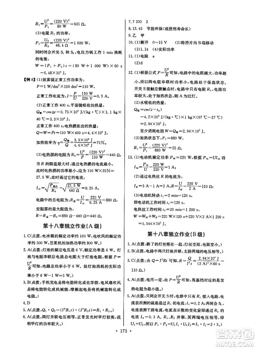 长江少年儿童出版社2025年秋长江全能学案同步练习册九年级物理全一册人教版答案