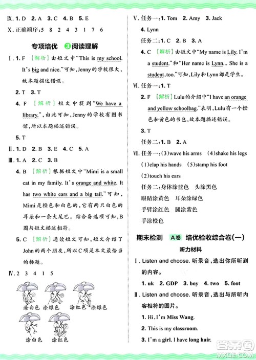 江西人民出版社2024年秋王朝霞培优100分三年级英语上册冀教版答案