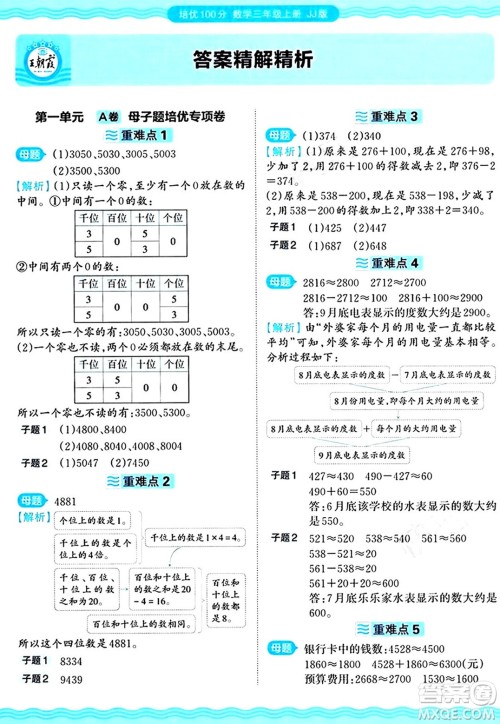 江西人民出版社2024年秋王朝霞培优100分三年级数学上册冀教版答案