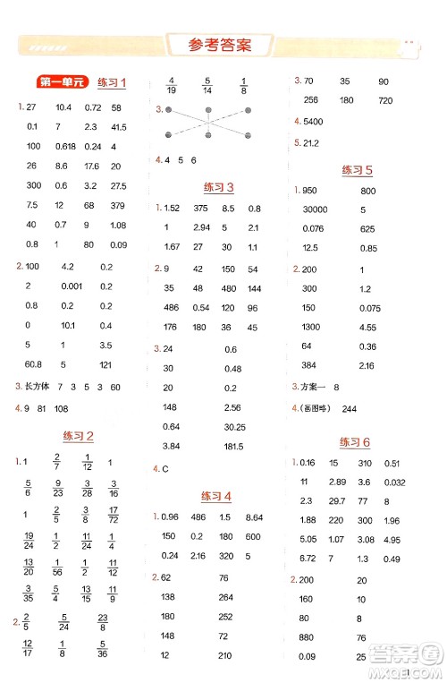 安徽教育出版社2024年秋荣德基星级口算天天练六年级数学上册苏教版答案