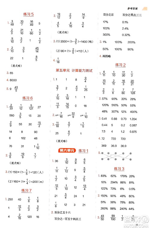 安徽教育出版社2024年秋荣德基星级口算天天练六年级数学上册苏教版答案