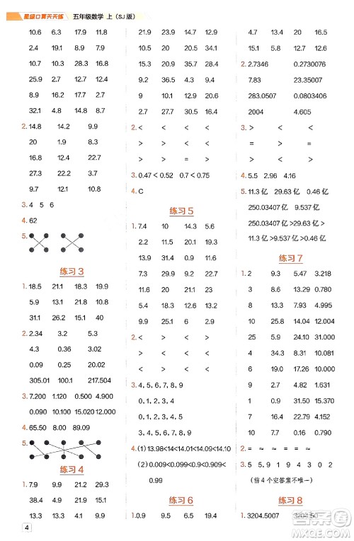 安徽教育出版社2024年秋荣德基星级口算天天练五年级数学上册苏教版答案