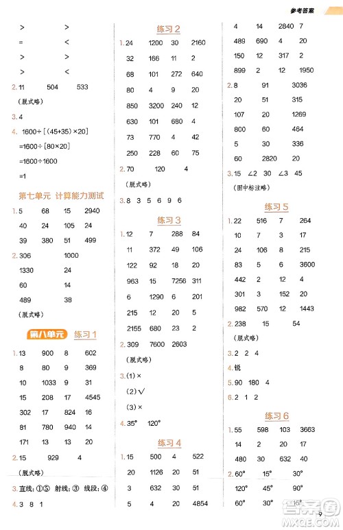 安徽教育出版社2024年秋荣德基星级口算天天练四年级数学上册苏教版答案