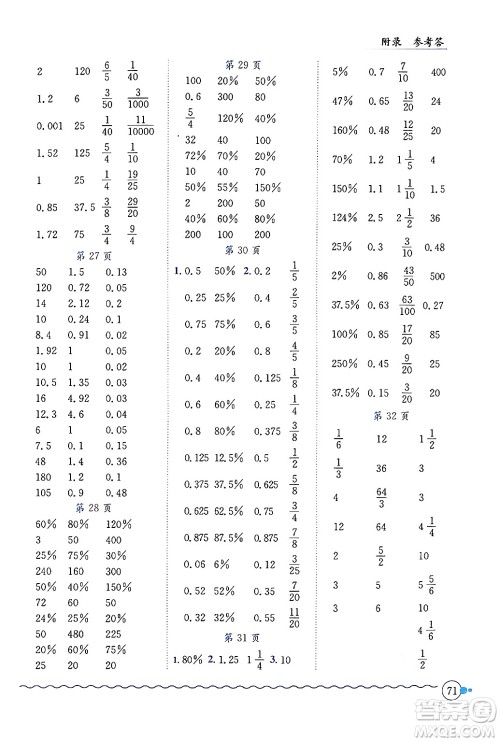 龙门书局2024年秋黄冈小状元口算速算练习册六年级数学上册北师大版答案