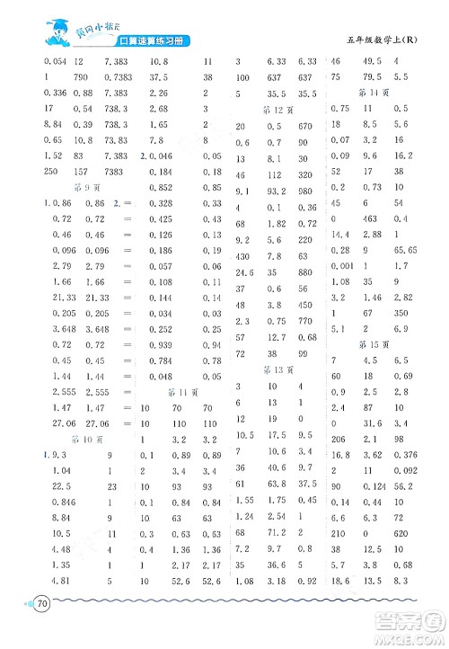 龙门书局2024年秋黄冈小状元口算速算练习册五年级数学上册人教版答案