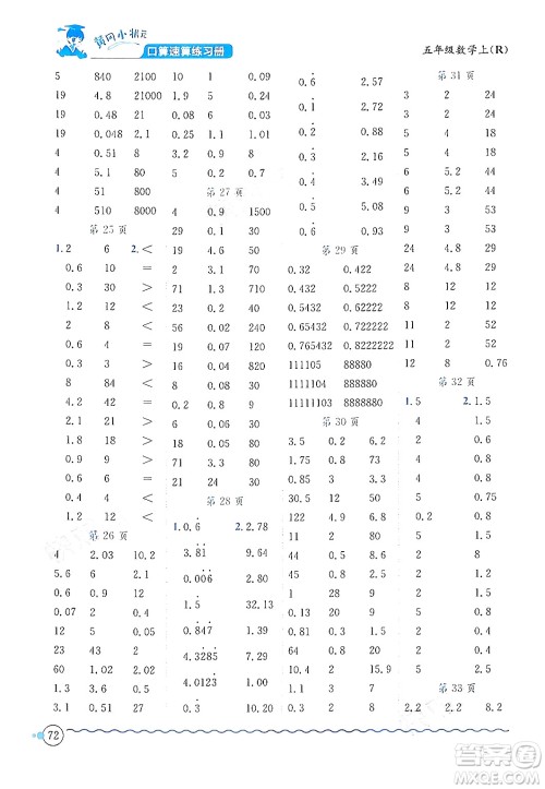 龙门书局2024年秋黄冈小状元口算速算练习册五年级数学上册人教版答案