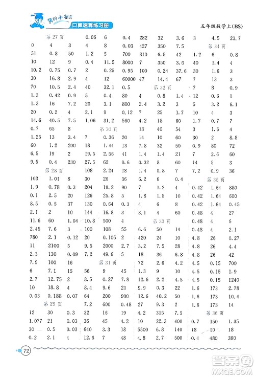 龙门书局2024年秋黄冈小状元口算速算练习册五年级数学上册北师大版答案