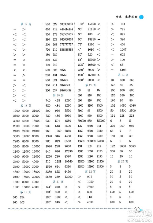 龙门书局2024年秋黄冈小状元口算速算练习册四年级数学上册北师大版答案