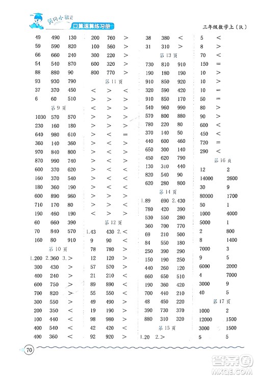 龙门书局2024年秋黄冈小状元口算速算练习册三年级数学上册人教版答案