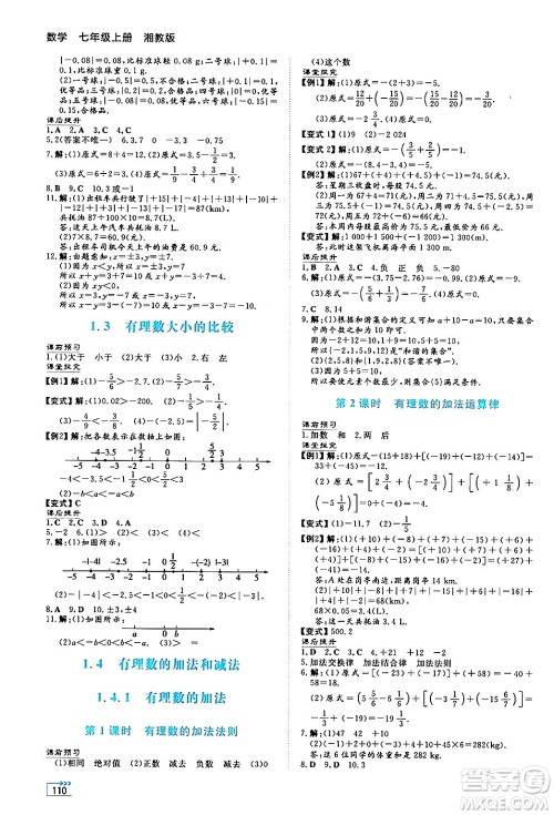 湖南教育出版社2024年秋学法大视野七年级数学上册湘教版答案