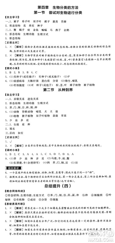 阳光出版社2024年秋全品学练考七年级生物上册人教版答案 阳光出版社2024年秋全品学练考七年级生物上册人教版答案