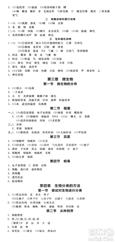 阳光出版社2024年秋全品学练考七年级生物上册人教版答案 阳光出版社2024年秋全品学练考七年级生物上册人教版答案
