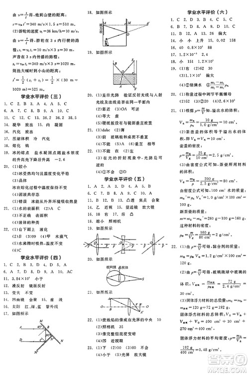 阳光出版社2024年秋全品学练考八年级物理上册人教版答案