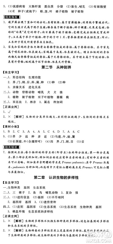 阳光出版社2024年秋全品学练考八年级生物上册人教版答案 阳光出版社2024年秋全品学练考八年级生物上册人教版答案