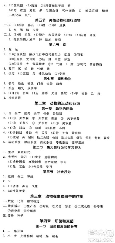 阳光出版社2024年秋全品学练考八年级生物上册人教版答案