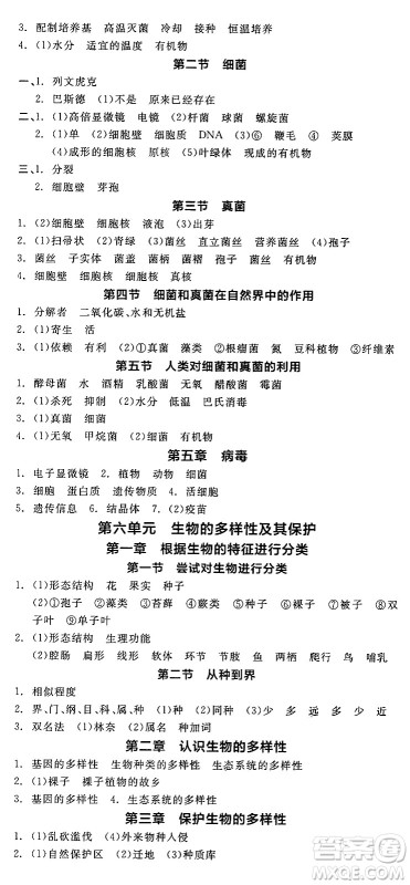 阳光出版社2024年秋全品学练考八年级生物上册人教版答案