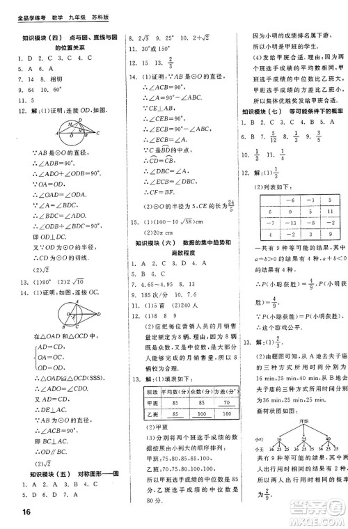 阳光出版社2024年秋全品学练考九年级数学上册苏科版江苏专版答案