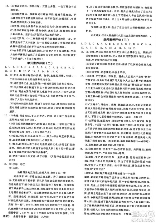 沈阳出版社2024年秋全品学练考九年级世界历史上册通用版答案