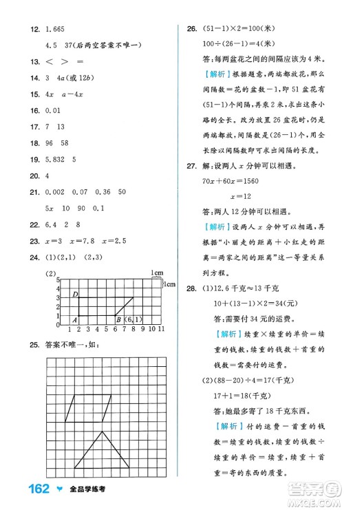 开明出版社2024年秋全品学练考五年级数学上册人教版答案