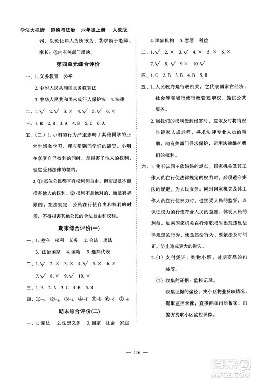 湖南教育出版社2024年秋学法大视野六年级道德与法治上册人教版答案